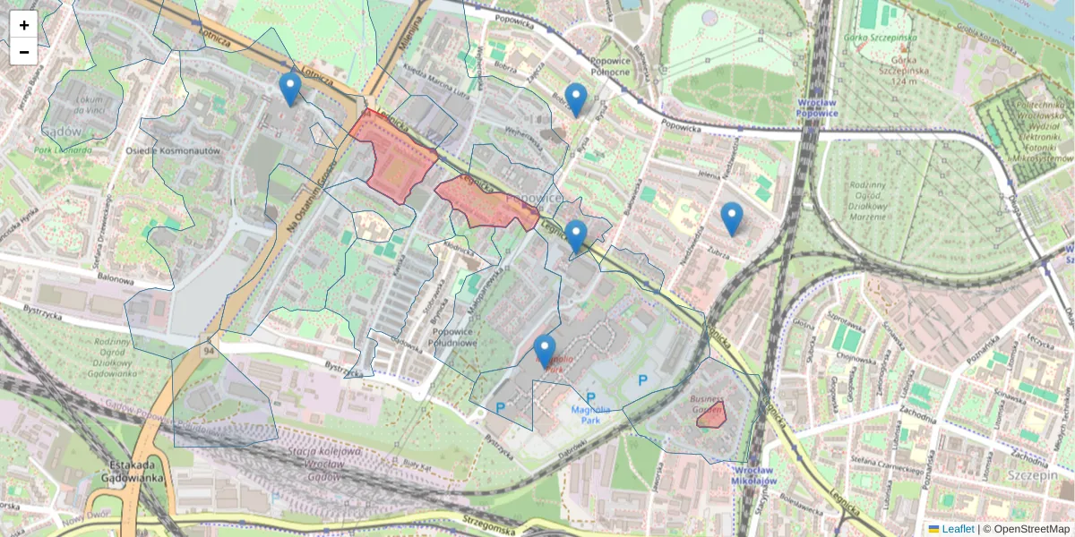 Szczegółowa mapa kodu pocztowego 54-206 z granicami, sąsiednimi kodami pocztowymi i urzędami pocztowymi