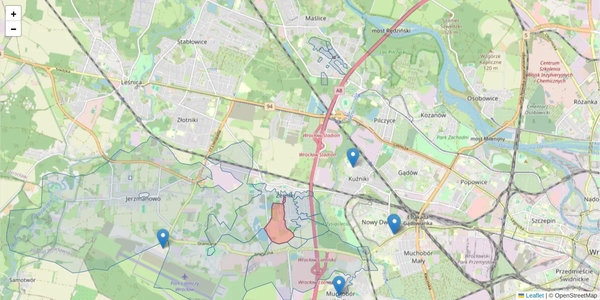 Szczegółowa mapa kodu pocztowego 54-511 z granicami, sąsiednimi kodami pocztowymi i urzędami pocztowymi