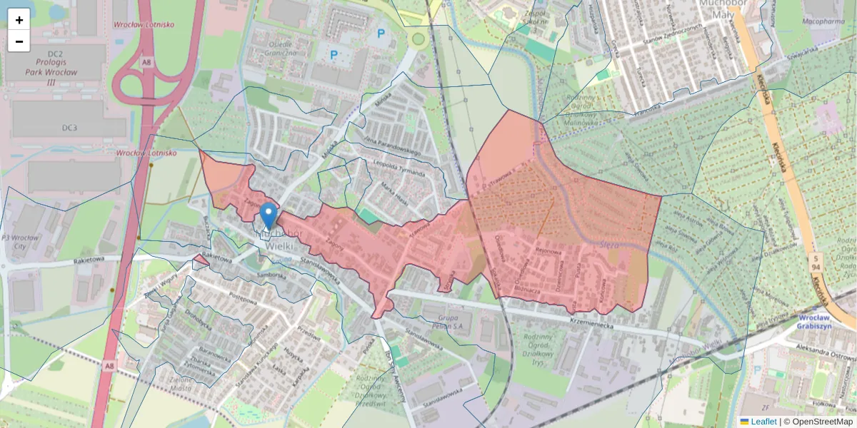 Szczegółowa mapa kodu pocztowego 54-614 z granicami, sąsiednimi kodami pocztowymi i urzędami pocztowymi