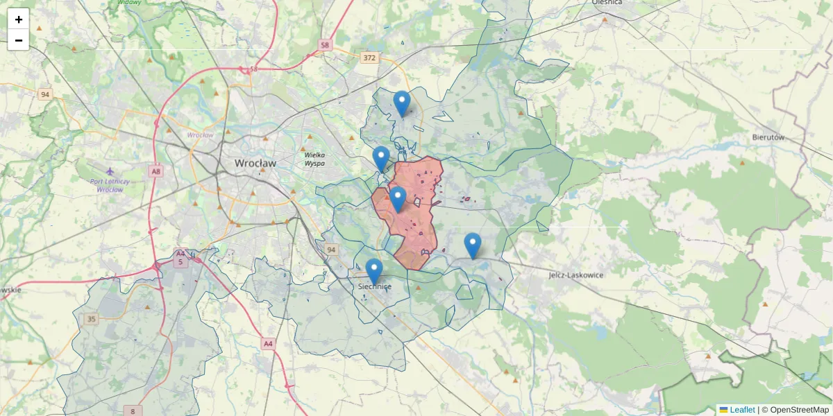Szczegółowa mapa kodu pocztowego 55-002 z granicami, sąsiednimi kodami pocztowymi i urzędami pocztowymi