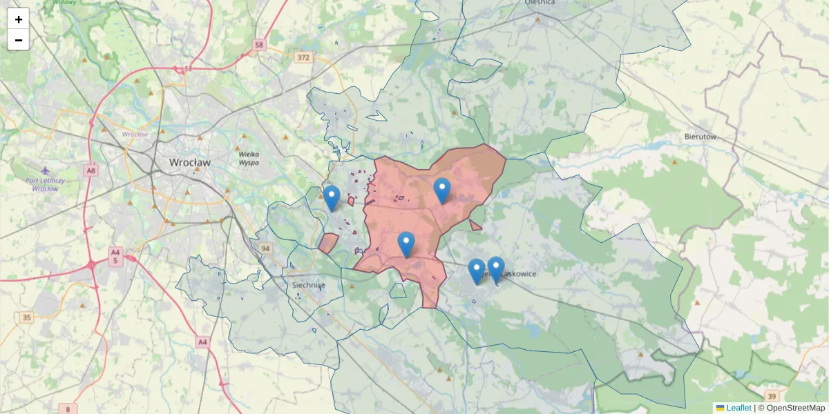 Szczegółowa mapa kodu pocztowego 55-003 z granicami, sąsiednimi kodami pocztowymi i urzędami pocztowymi