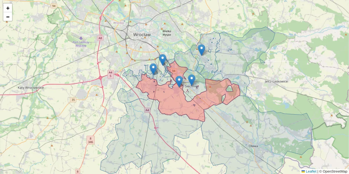 Szczegółowa mapa kodu pocztowego 55-010 z granicami, sąsiednimi kodami pocztowymi i urzędami pocztowymi