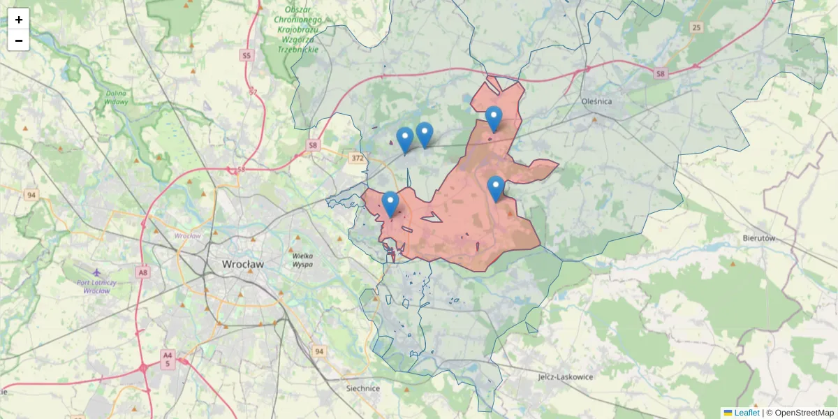 Szczegółowa mapa kodu pocztowego 55-093 z granicami, sąsiednimi kodami pocztowymi i urzędami pocztowymi