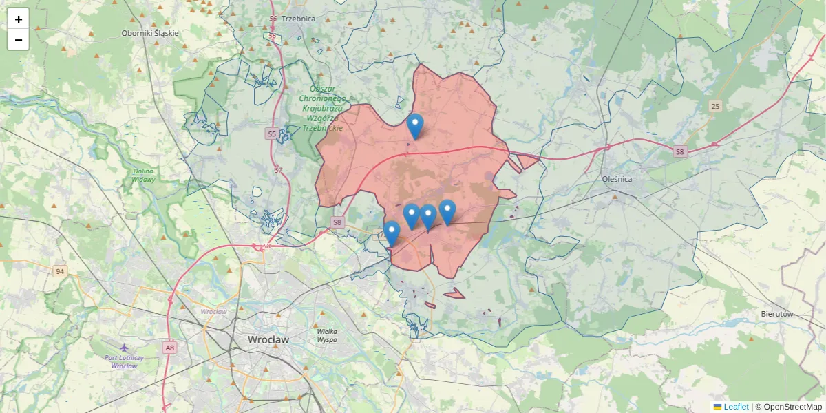 Szczegółowa mapa kodu pocztowego 55-095 z granicami, sąsiednimi kodami pocztowymi i urzędami pocztowymi