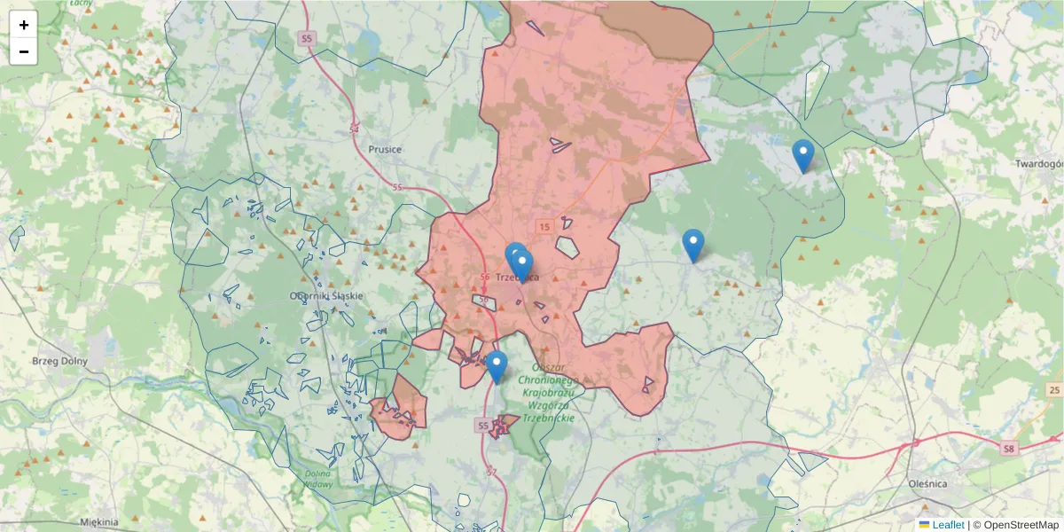 Szczegółowa mapa kodu pocztowego 55-100 z granicami, sąsiednimi kodami pocztowymi i urzędami pocztowymi