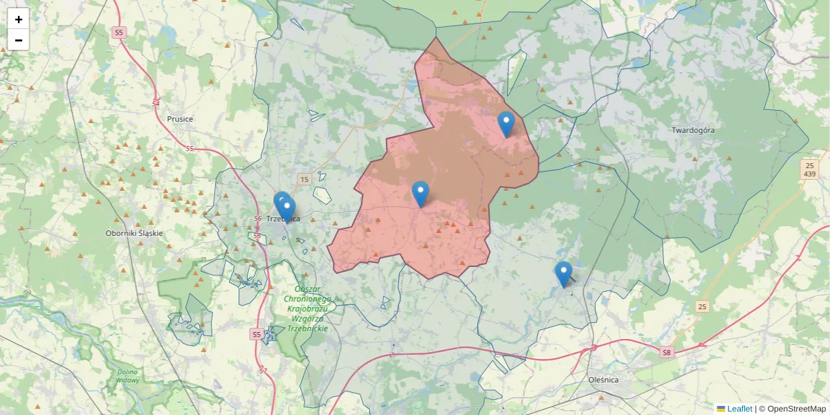 Szczegółowa mapa kodu pocztowego 55-106 z granicami, sąsiednimi kodami pocztowymi i urzędami pocztowymi