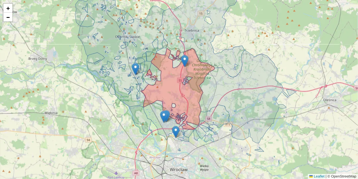 Szczegółowa mapa kodu pocztowego 55-114 z granicami, sąsiednimi kodami pocztowymi i urzędami pocztowymi