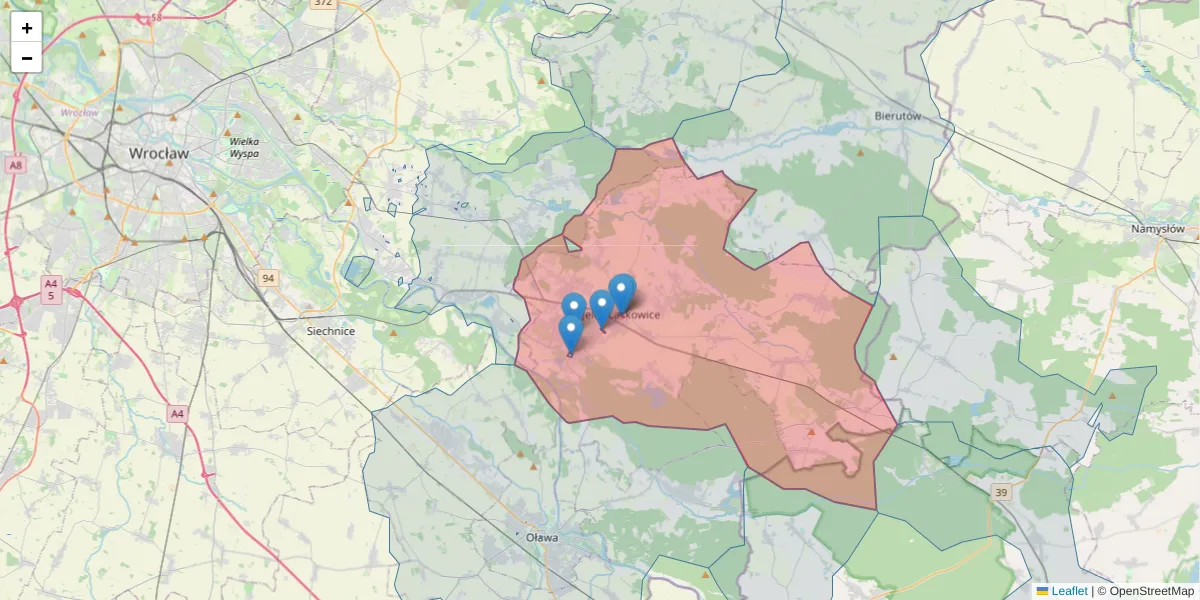 Szczegółowa mapa kodu pocztowego 55-220 z granicami, sąsiednimi kodami pocztowymi i urzędami pocztowymi