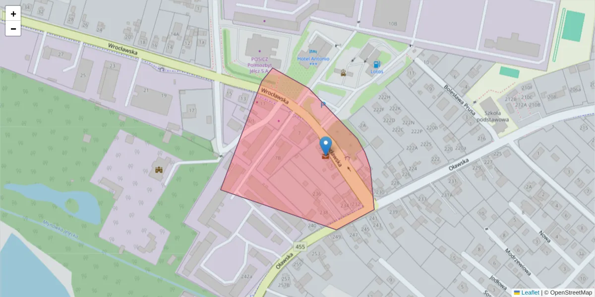 Szczegółowa mapa kodu pocztowego 55-221 z granicami, sąsiednimi kodami pocztowymi i urzędami pocztowymi