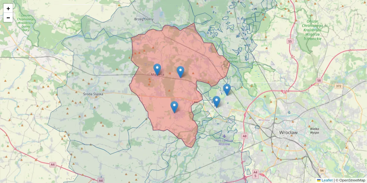 Szczegółowa mapa kodu pocztowego 55-330 z granicami, sąsiednimi kodami pocztowymi i urzędami pocztowymi