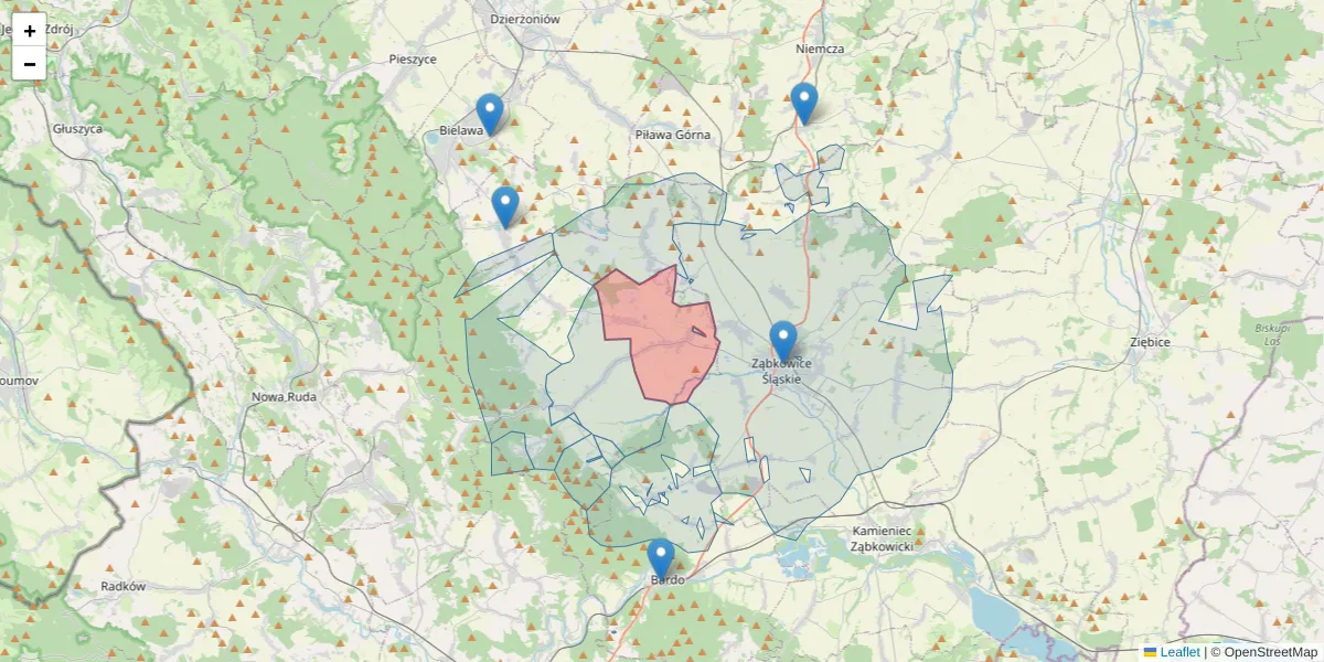 Szczegółowa mapa kodu pocztowego 57-213 z granicami, sąsiednimi kodami pocztowymi i urzędami pocztowymi