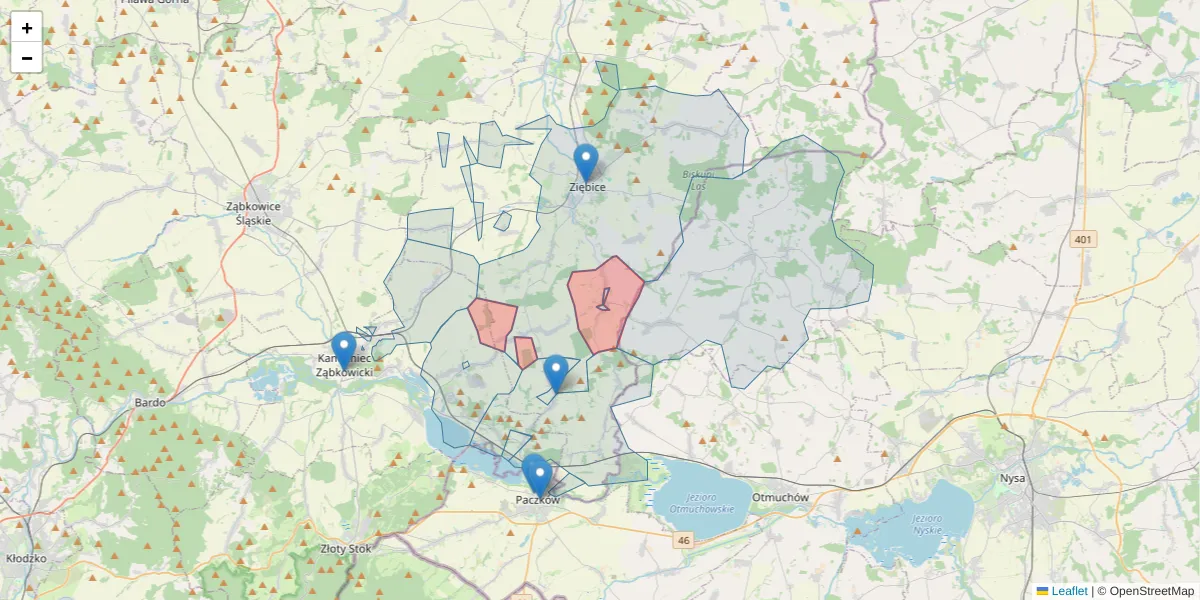 Szczegółowa mapa kodu pocztowego 57-222 z granicami, sąsiednimi kodami pocztowymi i urzędami pocztowymi