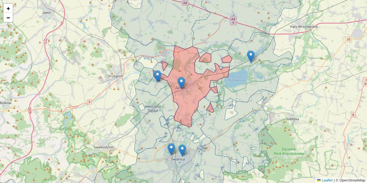 Szczegółowa mapa kodu pocztowego 58-130 z granicami, sąsiednimi kodami pocztowymi i urzędami pocztowymi