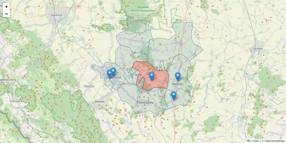 Szczegółowa mapa kodu pocztowego 58-217 z granicami, sąsiednimi kodami pocztowymi i urzędami pocztowymi