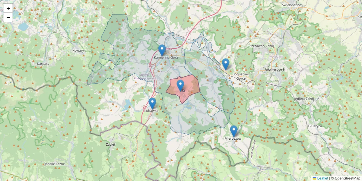 Szczegółowa mapa kodu pocztowego 58-405 z granicami, sąsiednimi kodami pocztowymi i urzędami pocztowymi