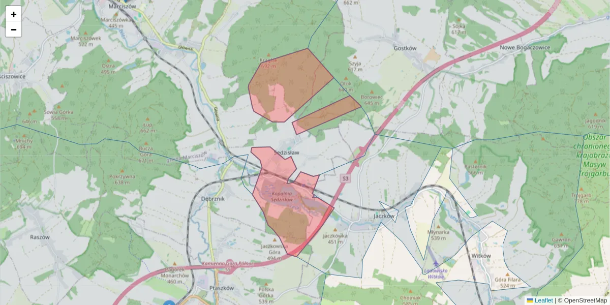 Szczegółowa mapa kodu pocztowego 58-411 z granicami, sąsiednimi kodami pocztowymi i urzędami pocztowymi