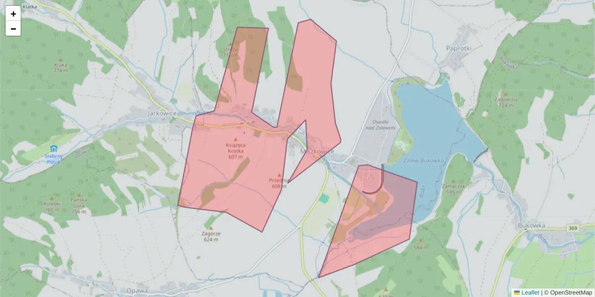 Szczegółowa mapa kodu pocztowego 58-422 z granicami, sąsiednimi kodami pocztowymi i urzędami pocztowymi
