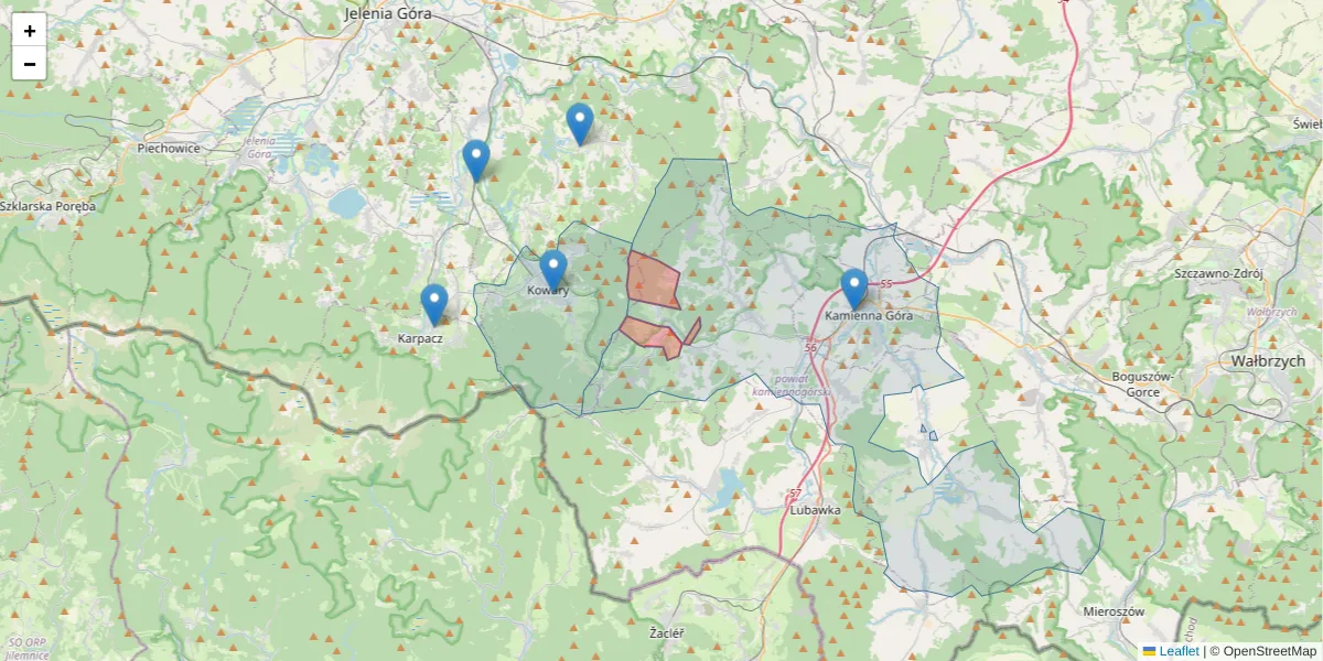 Szczegółowa mapa kodu pocztowego 58-425 z granicami, sąsiednimi kodami pocztowymi i urzędami pocztowymi