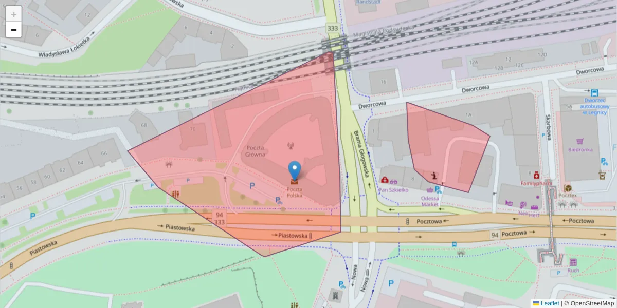 Szczegółowa mapa kodu pocztowego 59-200 z granicami, sąsiednimi kodami pocztowymi i urzędami pocztowymi