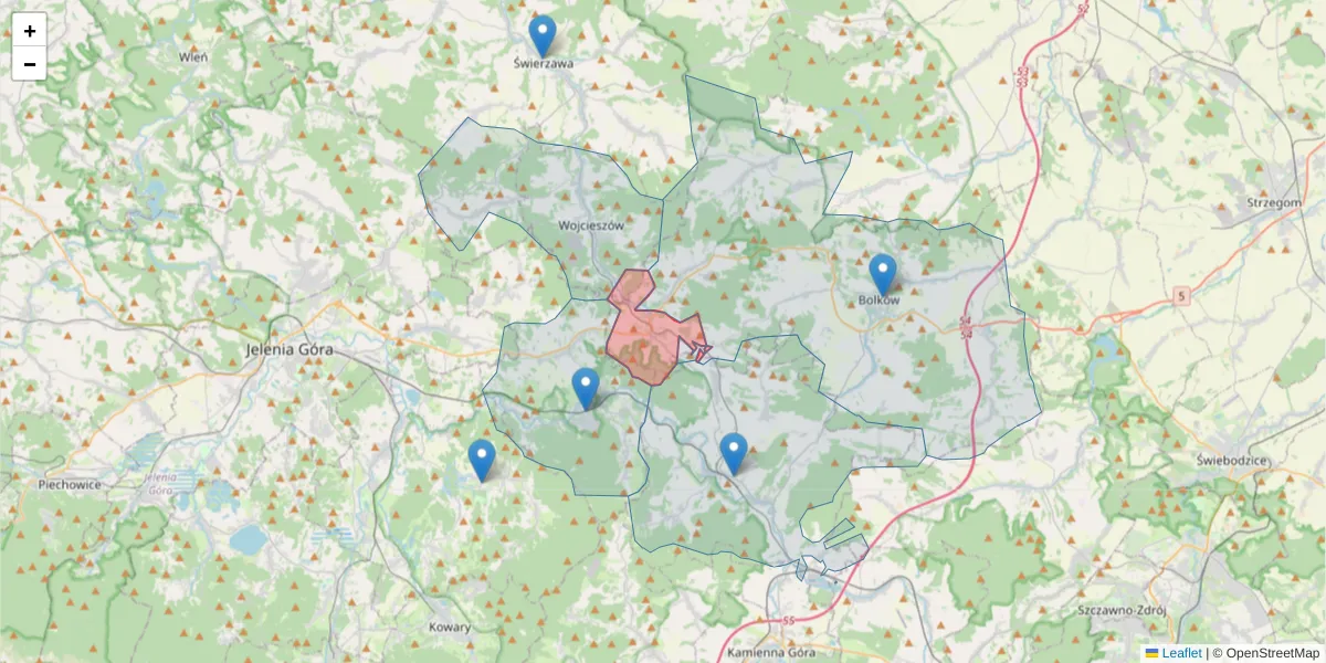 Szczegółowa mapa kodu pocztowego 59-421 z granicami, sąsiednimi kodami pocztowymi i urzędami pocztowymi