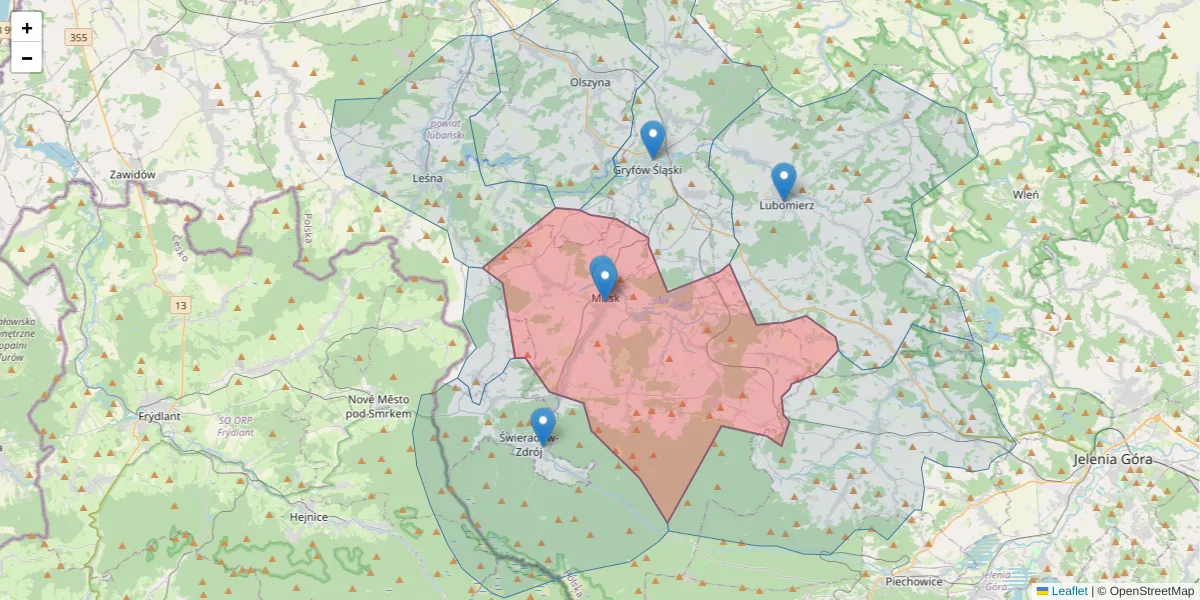 Szczegółowa mapa kodu pocztowego 59-630 z granicami, sąsiednimi kodami pocztowymi i urzędami pocztowymi