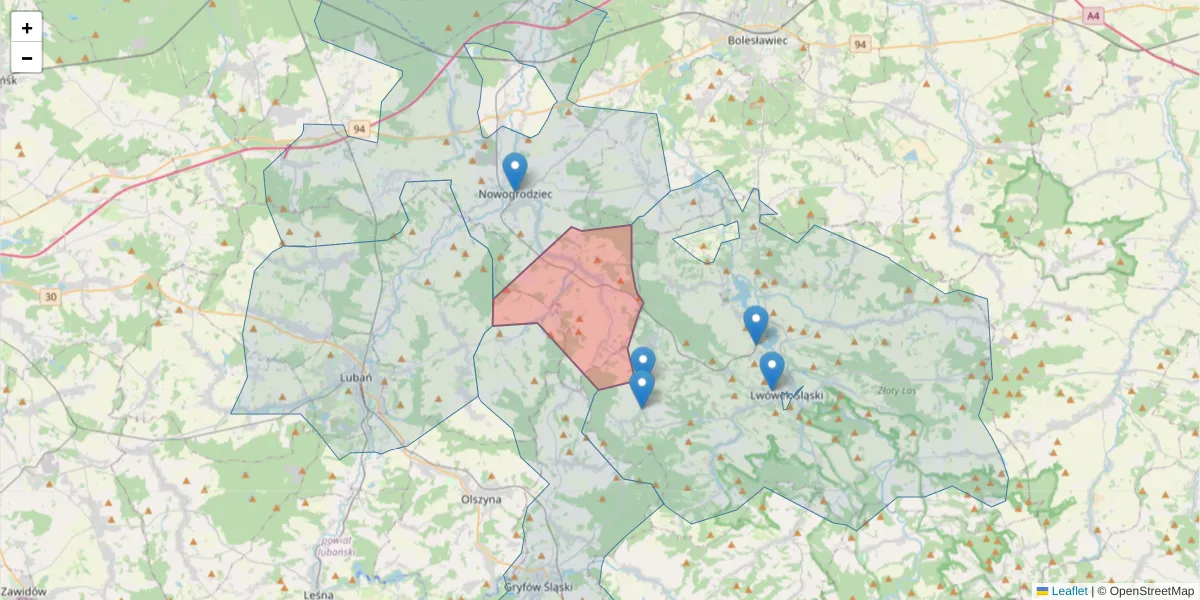 Szczegółowa mapa kodu pocztowego 59-732 z granicami, sąsiednimi kodami pocztowymi i urzędami pocztowymi