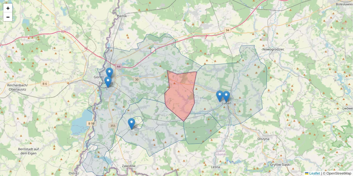 Szczegółowa mapa kodu pocztowego 59-818 z granicami, sąsiednimi kodami pocztowymi i urzędami pocztowymi