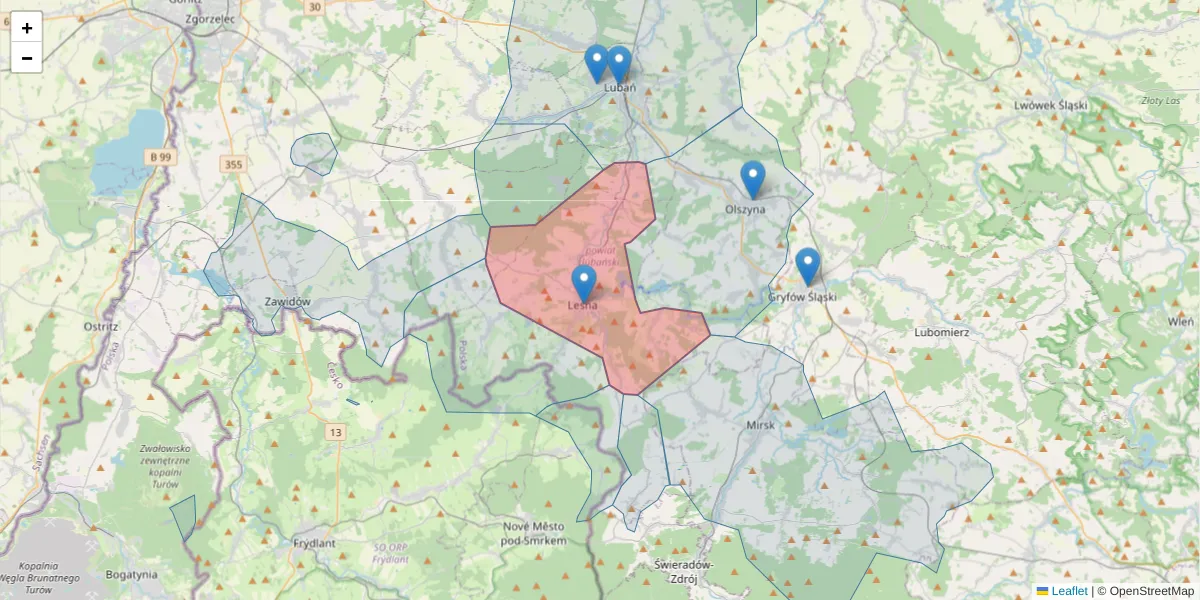 Szczegółowa mapa kodu pocztowego 59-820 z granicami, sąsiednimi kodami pocztowymi i urzędami pocztowymi