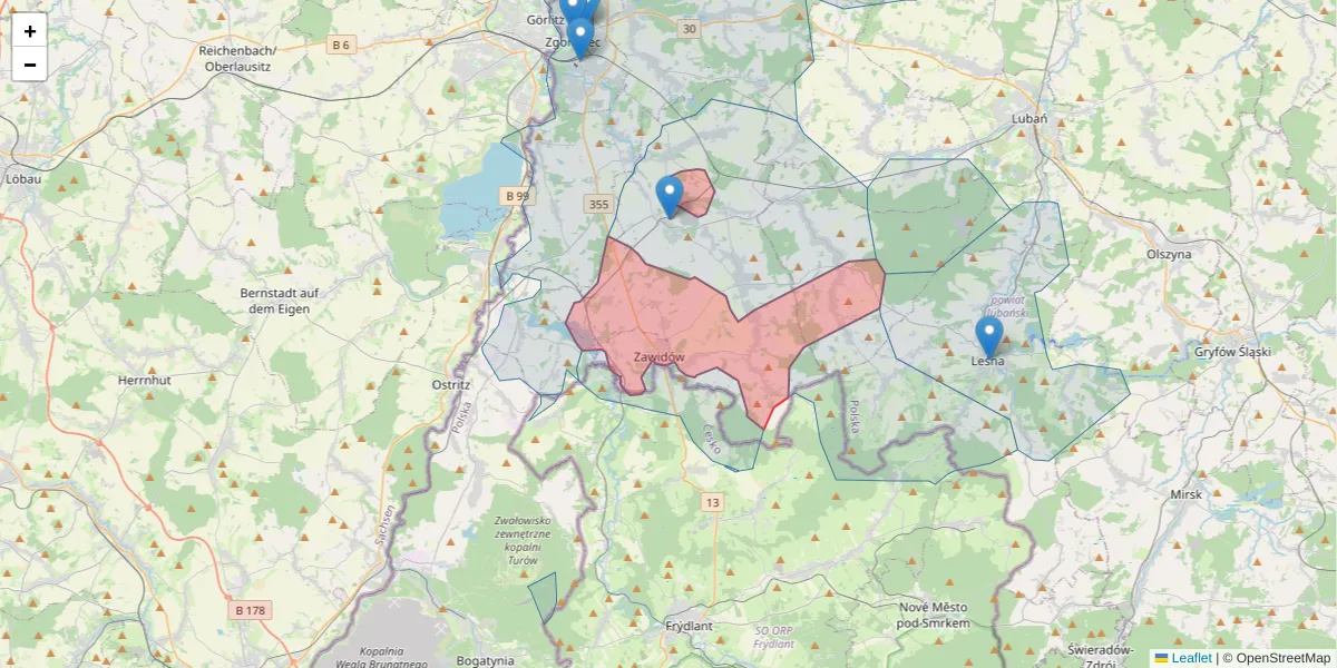Szczegółowa mapa kodu pocztowego 59-970 z granicami, sąsiednimi kodami pocztowymi i urzędami pocztowymi