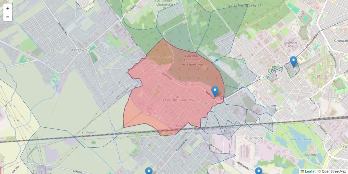 Szczegółowa mapa kodu pocztowego 60-175 z granicami, sąsiednimi kodami pocztowymi i urzędami pocztowymi