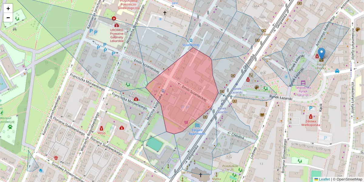Szczegółowa mapa kodu pocztowego 60-216 z granicami, sąsiednimi kodami pocztowymi i urzędami pocztowymi