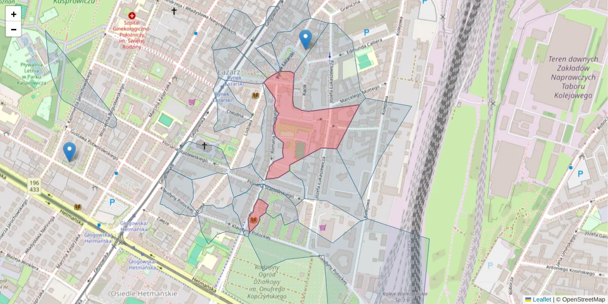 Szczegółowa mapa kodu pocztowego 60-222 z granicami, sąsiednimi kodami pocztowymi i urzędami pocztowymi