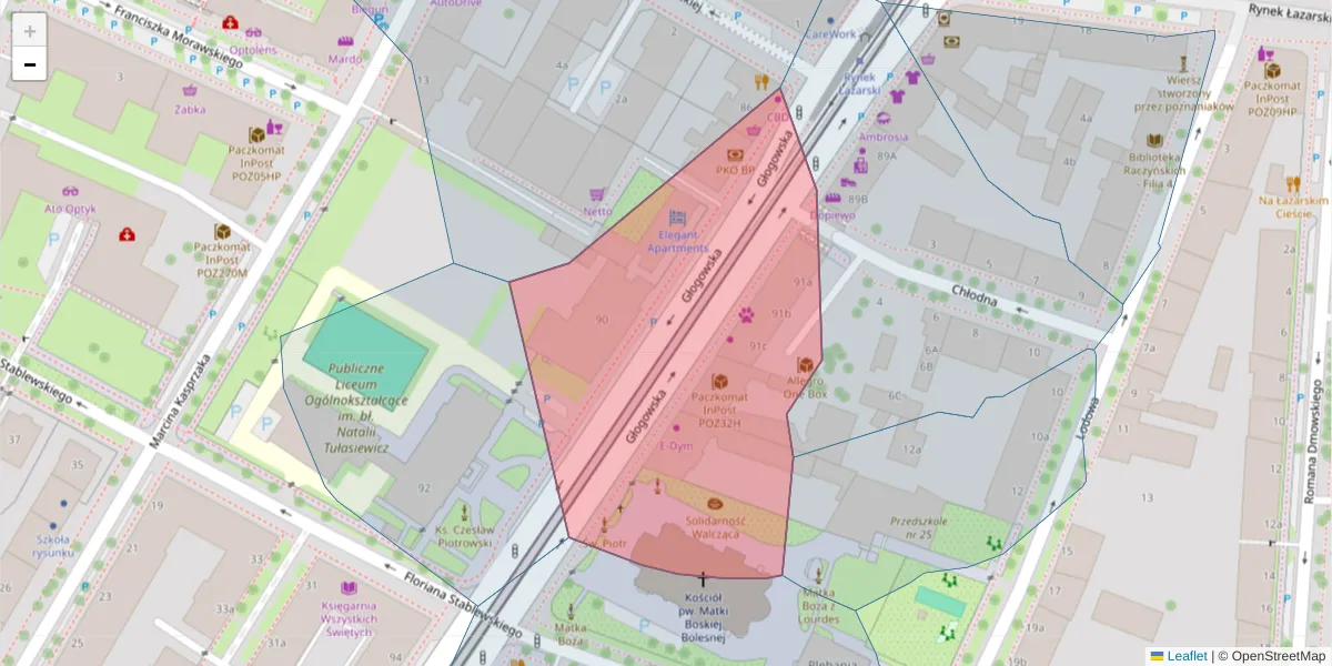 Szczegółowa mapa kodu pocztowego 60-264 z granicami, sąsiednimi kodami pocztowymi i urzędami pocztowymi