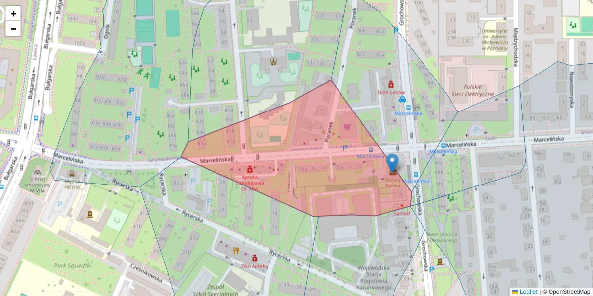 Szczegółowa mapa kodu pocztowego 60-338 z granicami, sąsiednimi kodami pocztowymi i urzędami pocztowymi