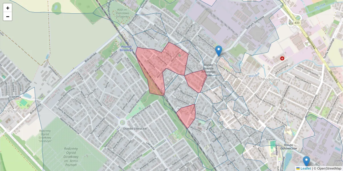Szczegółowa mapa kodu pocztowego 60-464 z granicami, sąsiednimi kodami pocztowymi i urzędami pocztowymi