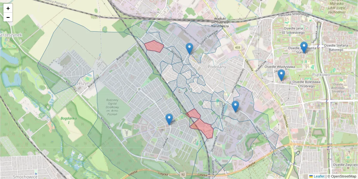 Szczegółowa mapa kodu pocztowego 60-474 z granicami, sąsiednimi kodami pocztowymi i urzędami pocztowymi