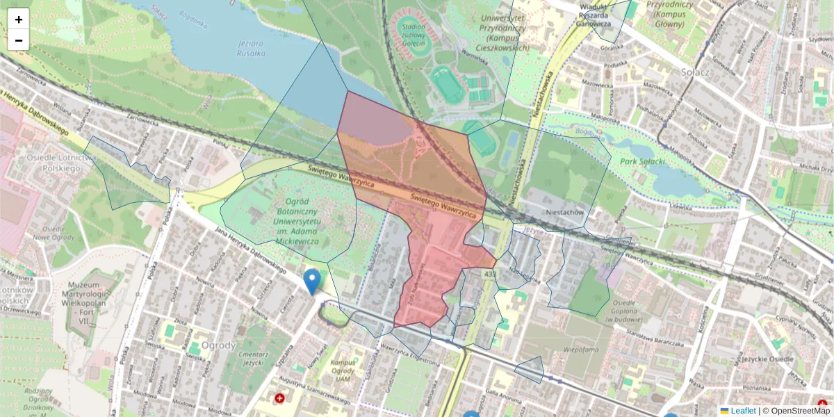 Szczegółowa mapa kodu pocztowego 60-573 z granicami, sąsiednimi kodami pocztowymi i urzędami pocztowymi
