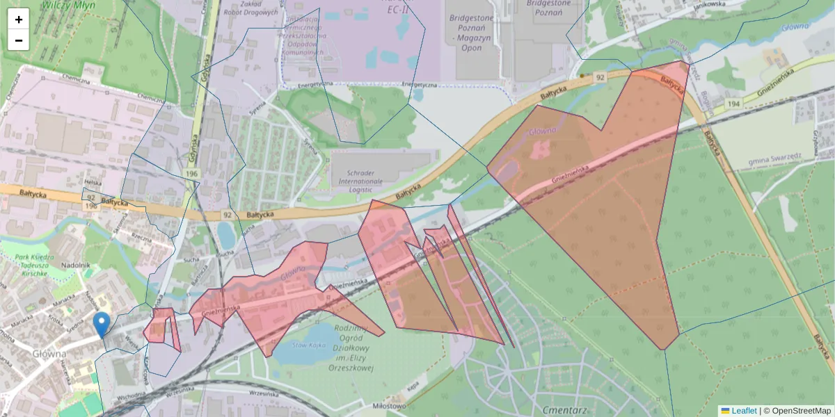 Szczegółowa mapa kodu pocztowego 61-015 z granicami, sąsiednimi kodami pocztowymi i urzędami pocztowymi
