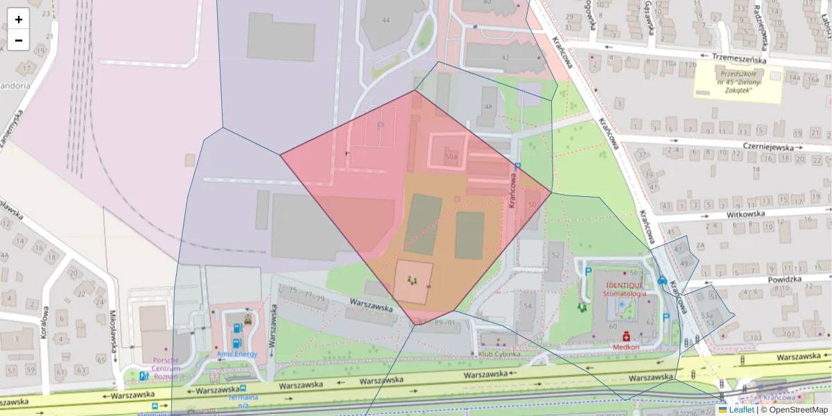 Szczegółowa mapa kodu pocztowego 61-035 z granicami, sąsiednimi kodami pocztowymi i urzędami pocztowymi