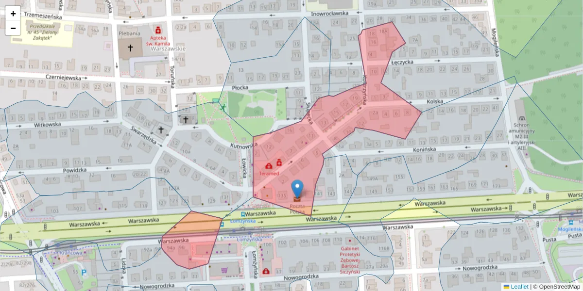 Szczegółowa mapa kodu pocztowego 61-042 z granicami, sąsiednimi kodami pocztowymi i urzędami pocztowymi