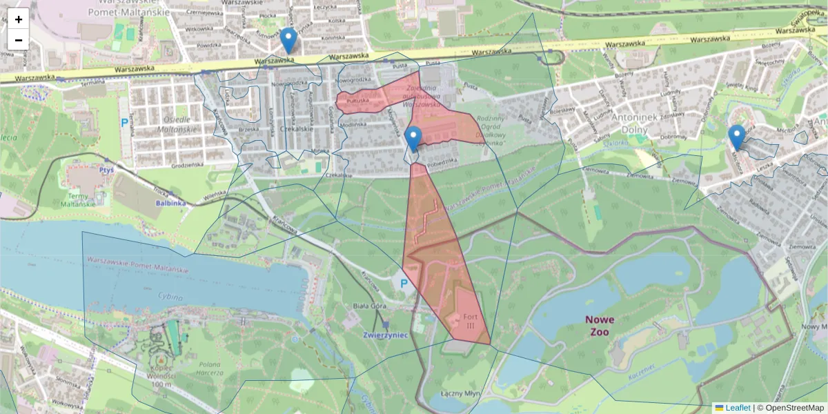 Szczegółowa mapa kodu pocztowego 61-052 z granicami, sąsiednimi kodami pocztowymi i urzędami pocztowymi