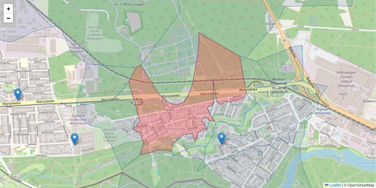 Szczegółowa mapa kodu pocztowego 61-054 z granicami, sąsiednimi kodami pocztowymi i urzędami pocztowymi