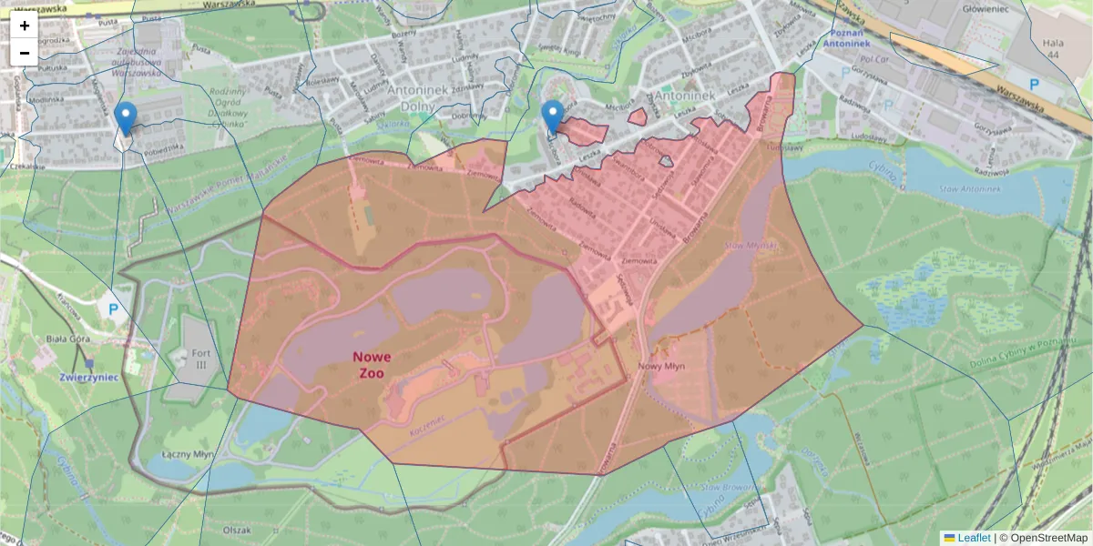 Szczegółowa mapa kodu pocztowego 61-063 z granicami, sąsiednimi kodami pocztowymi i urzędami pocztowymi
