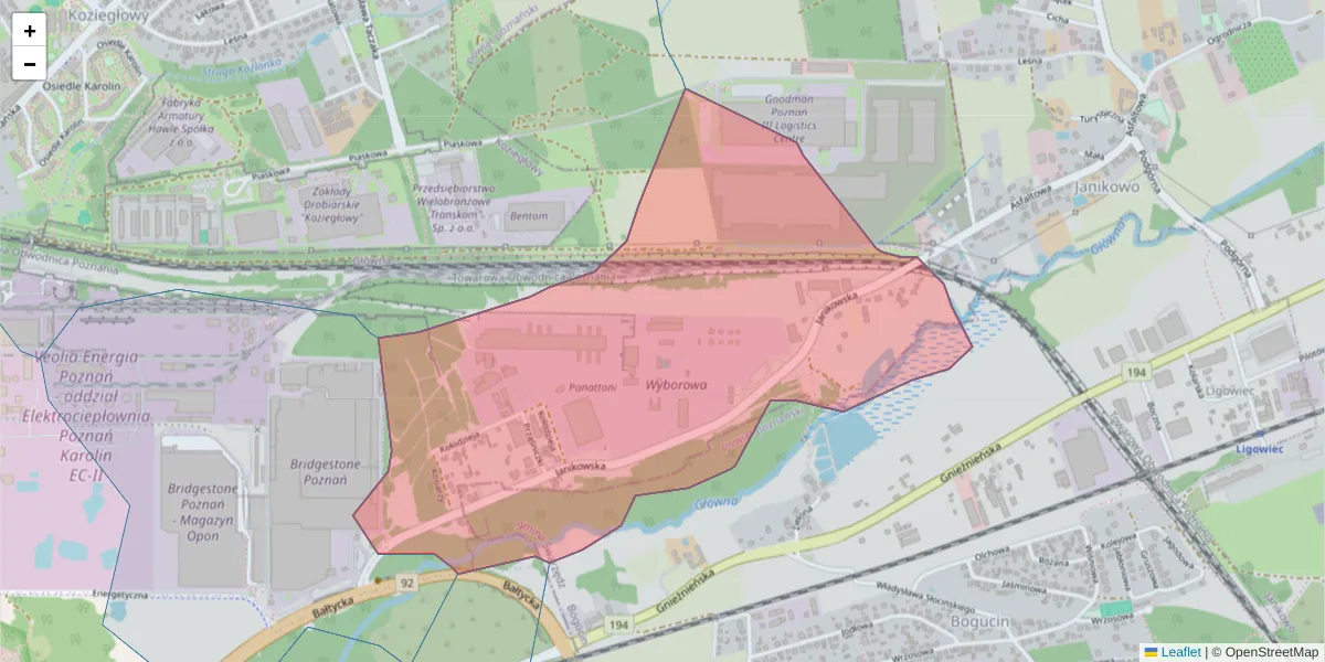 Szczegółowa mapa kodu pocztowego 61-070 z granicami, sąsiednimi kodami pocztowymi i urzędami pocztowymi