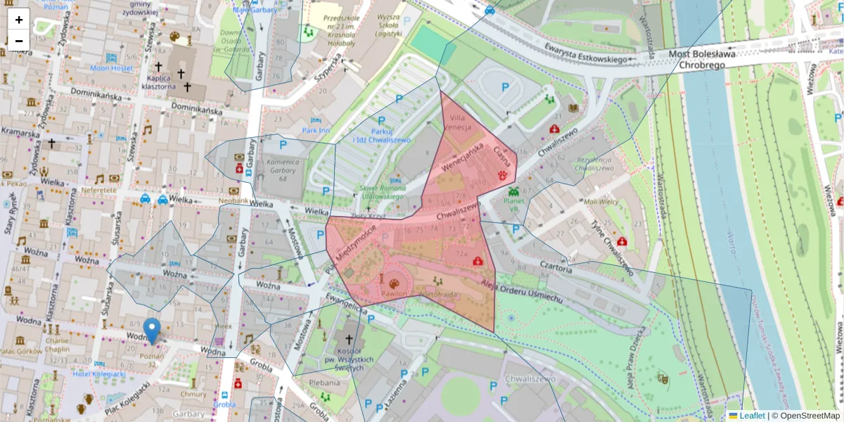 Szczegółowa mapa kodu pocztowego 61-104 z granicami, sąsiednimi kodami pocztowymi i urzędami pocztowymi