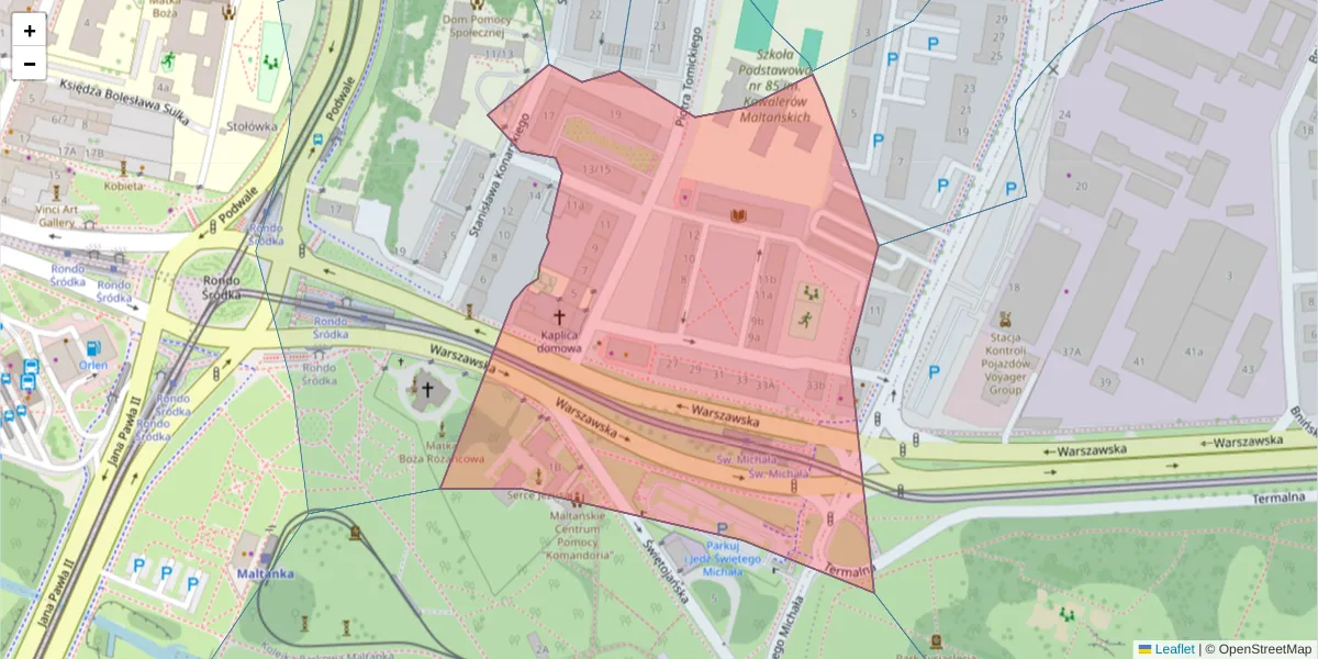 Szczegółowa mapa kodu pocztowego 61-116 z granicami, sąsiednimi kodami pocztowymi i urzędami pocztowymi