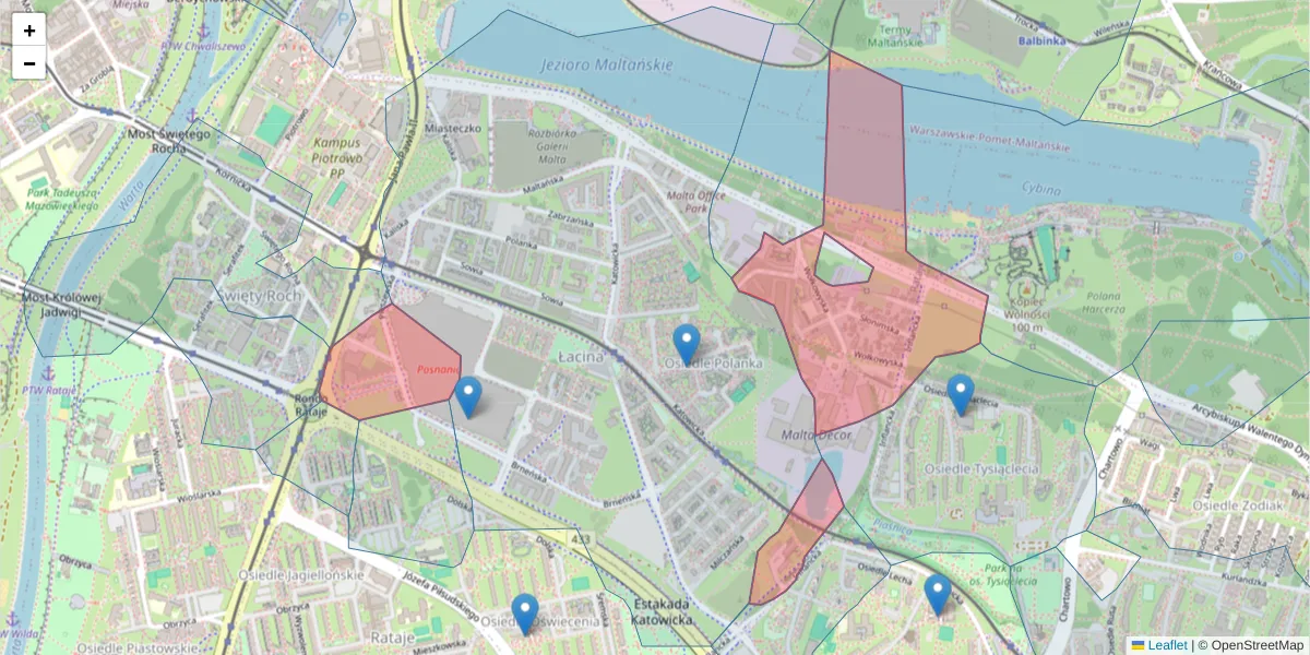 Szczegółowa mapa kodu pocztowego 61-132 z granicami, sąsiednimi kodami pocztowymi i urzędami pocztowymi