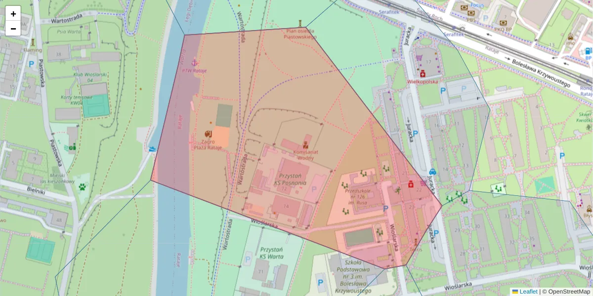 Szczegółowa mapa kodu pocztowego 61-136 z granicami, sąsiednimi kodami pocztowymi i urzędami pocztowymi