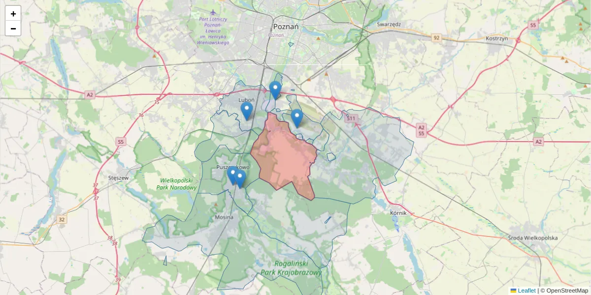 Szczegółowa mapa kodu pocztowego 61-160 z granicami, sąsiednimi kodami pocztowymi i urzędami pocztowymi
