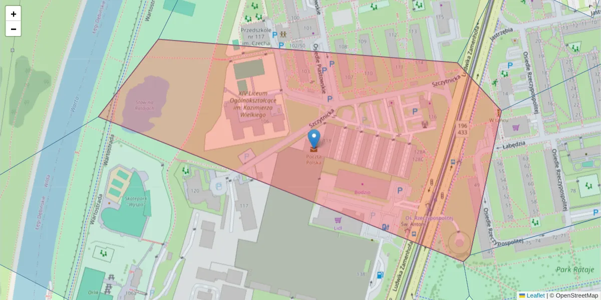 Szczegółowa mapa kodu pocztowego 61-166 z granicami, sąsiednimi kodami pocztowymi i urzędami pocztowymi